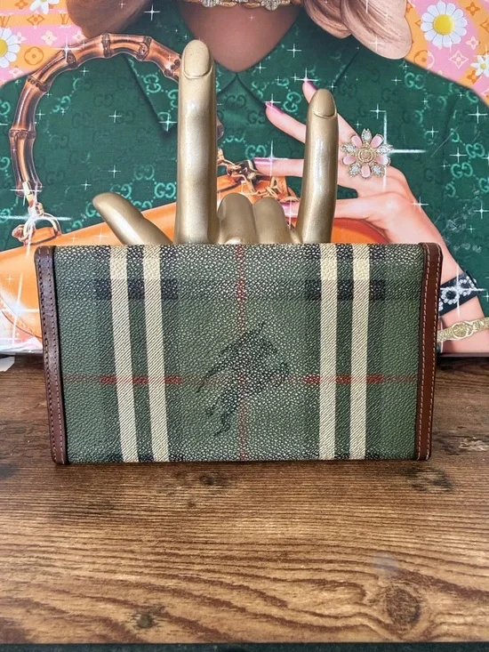 Burberrys Vntg Green Plaid Canvas Leather Trim Wallet - Picture 7 of 8